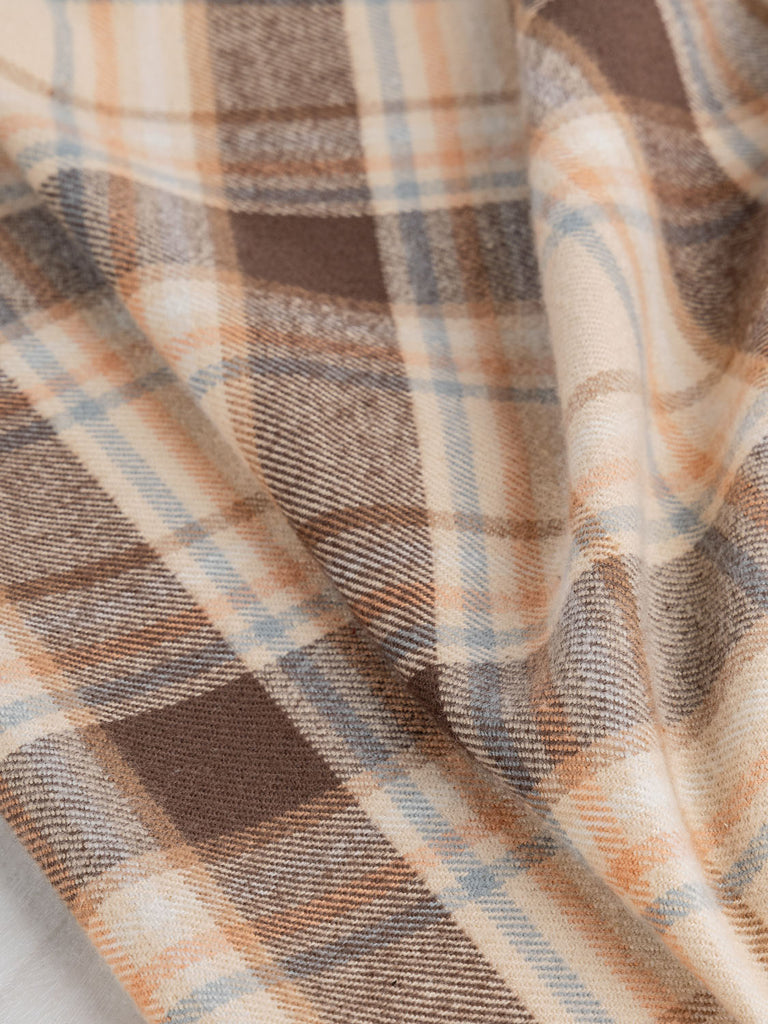 Midweight Plaid Cotton Flannel Deadstock - Peach + Chocolate + Sky