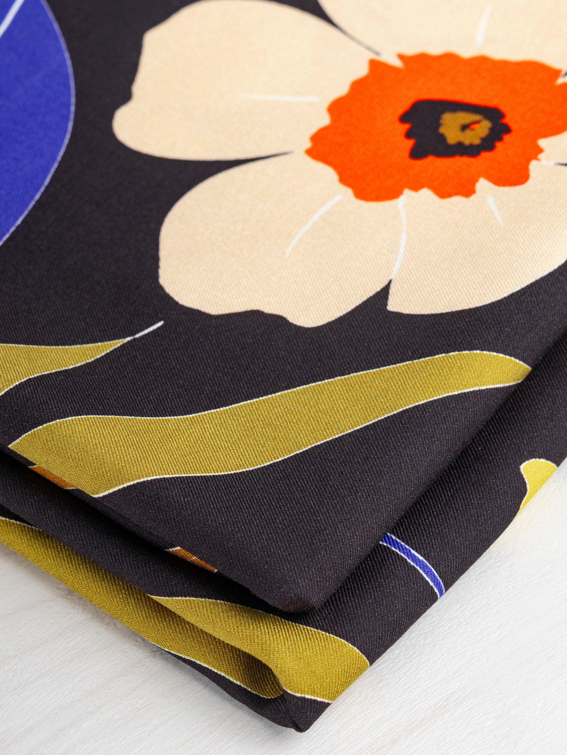 Large Floral Print Viscose Twill - Black +  Blue + Ochre | Core Fabrics