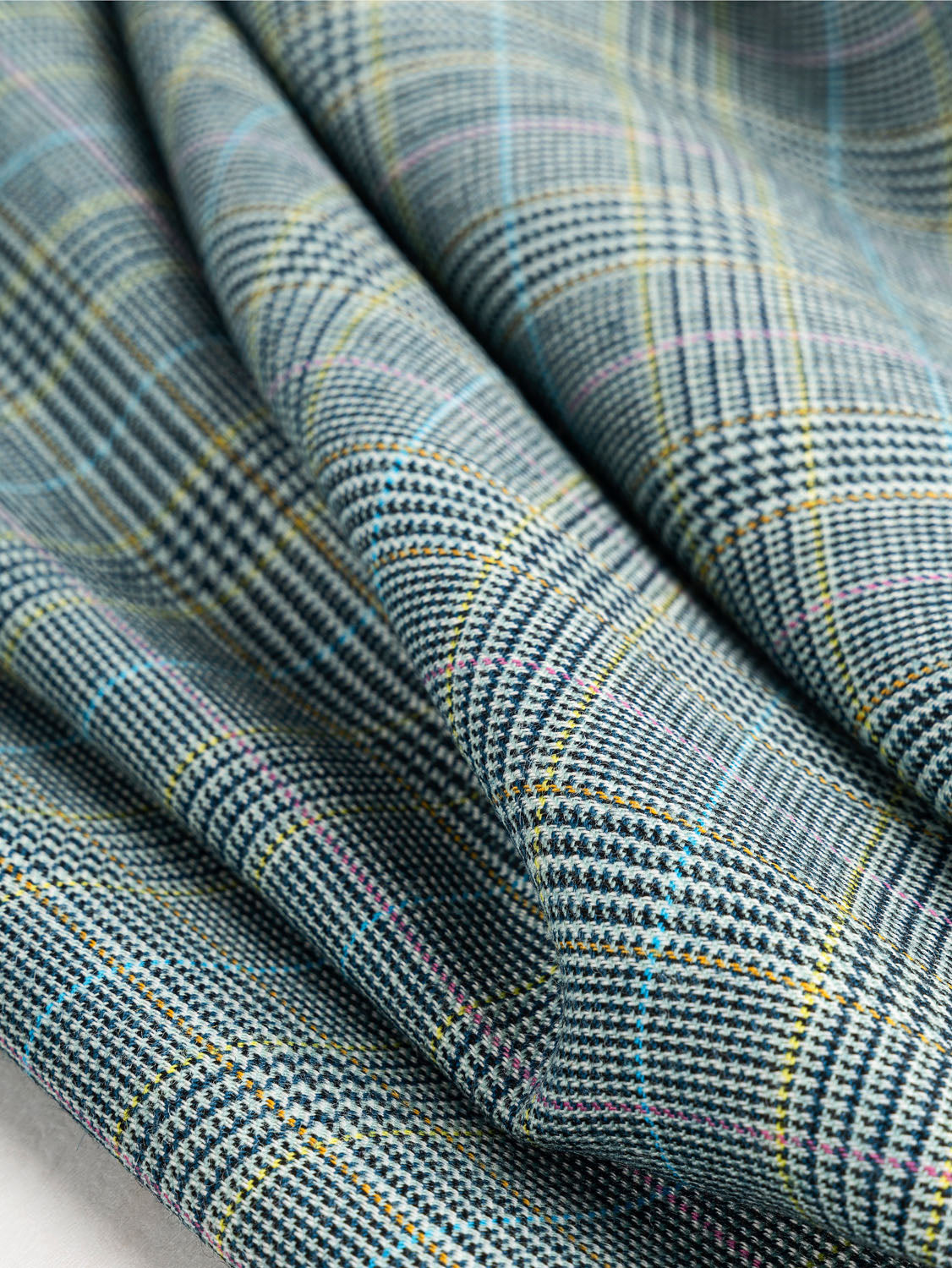 Houndstooth Plaid Wool Suiting Deadstock  - Navy + Teal + Marigold | Core Fabrics