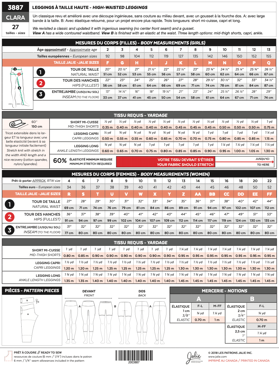 Jalie Sewing Pattern - Clara High-Waisted Leggings | Core Fabrics