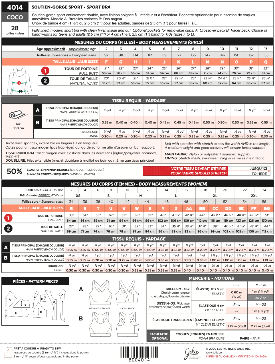 Jalie Sewing Pattern - Coco Sports Bra | Core Fabrics