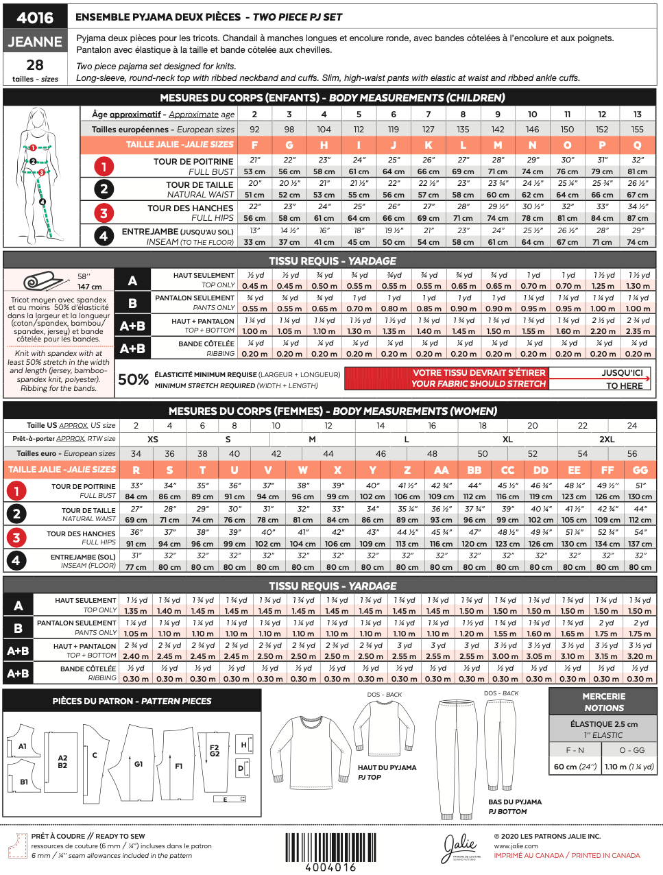 Jalie Sewing Pattern - Jeanne Knit PJ Set | Core Fabrics