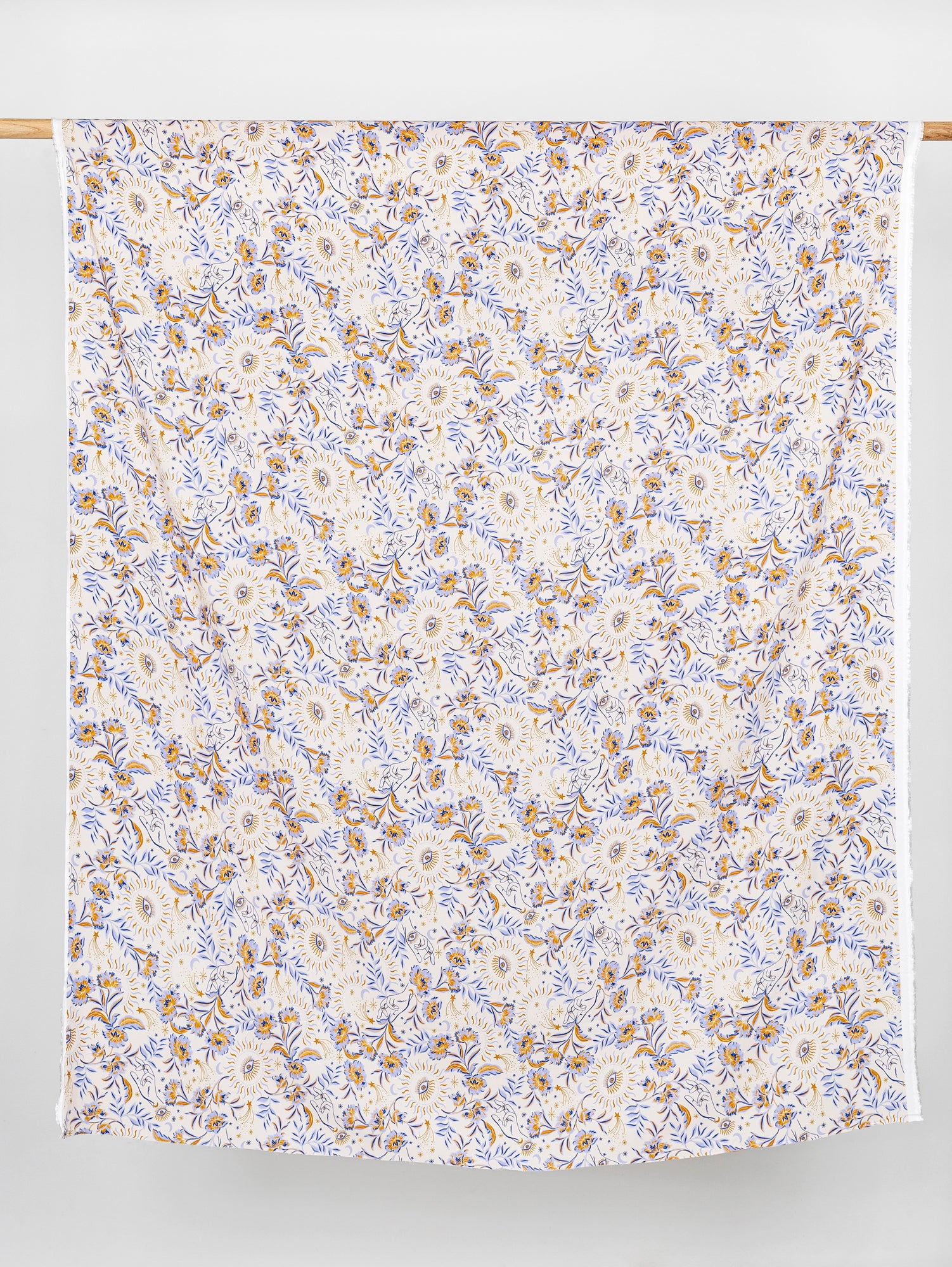 F-VIS231-Amulet-Print-Ecovero-Viscose-Cream-Periwinkle-Ochre-Core-Fabrics-draped