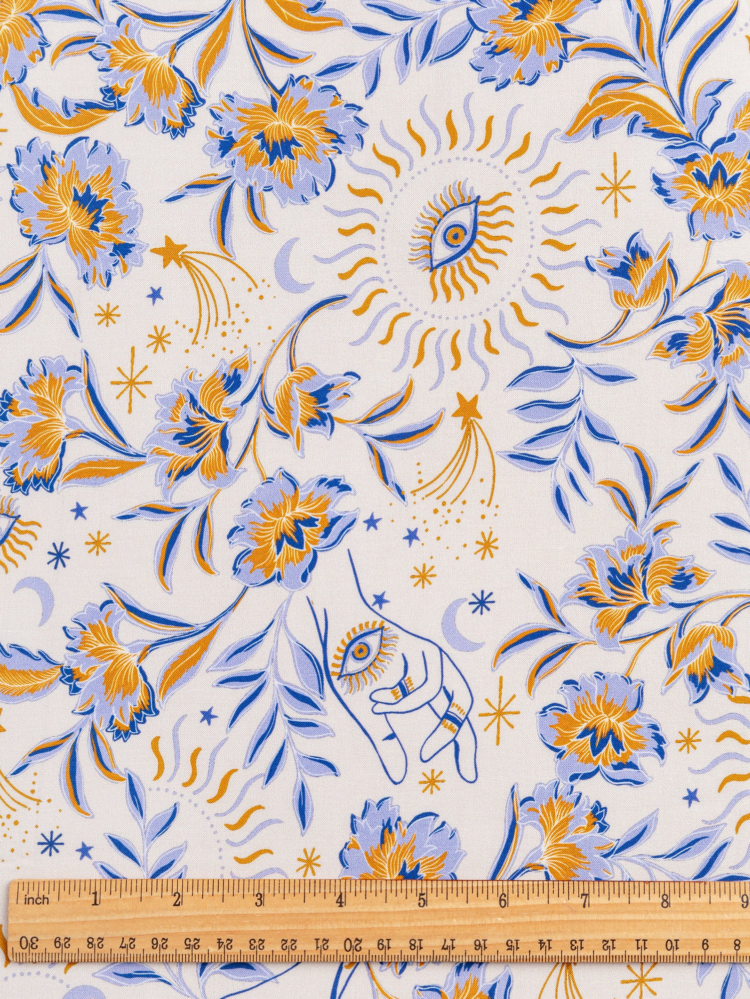 F-VIS231-Amulet-Print-Ecovero-Viscose-Cream-Periwinkle-Ochre-Core-Fabrics-ruler