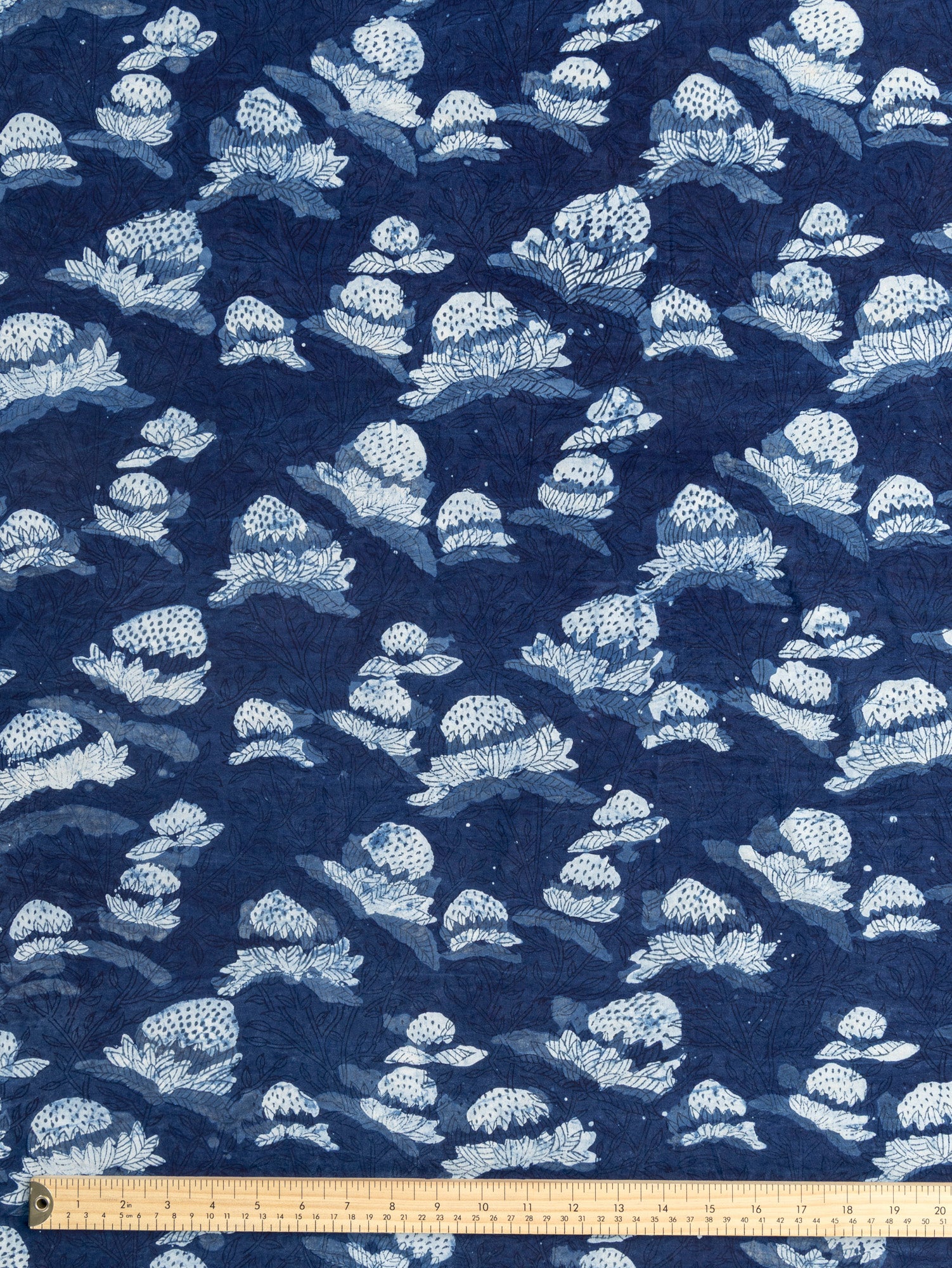F-COT491-Beautifully-Imperfect-Strawberry-Flower-Block-Print-Cotton-Poplin-Indigo+Chambray-Core-Fabrics-ruler.JPG