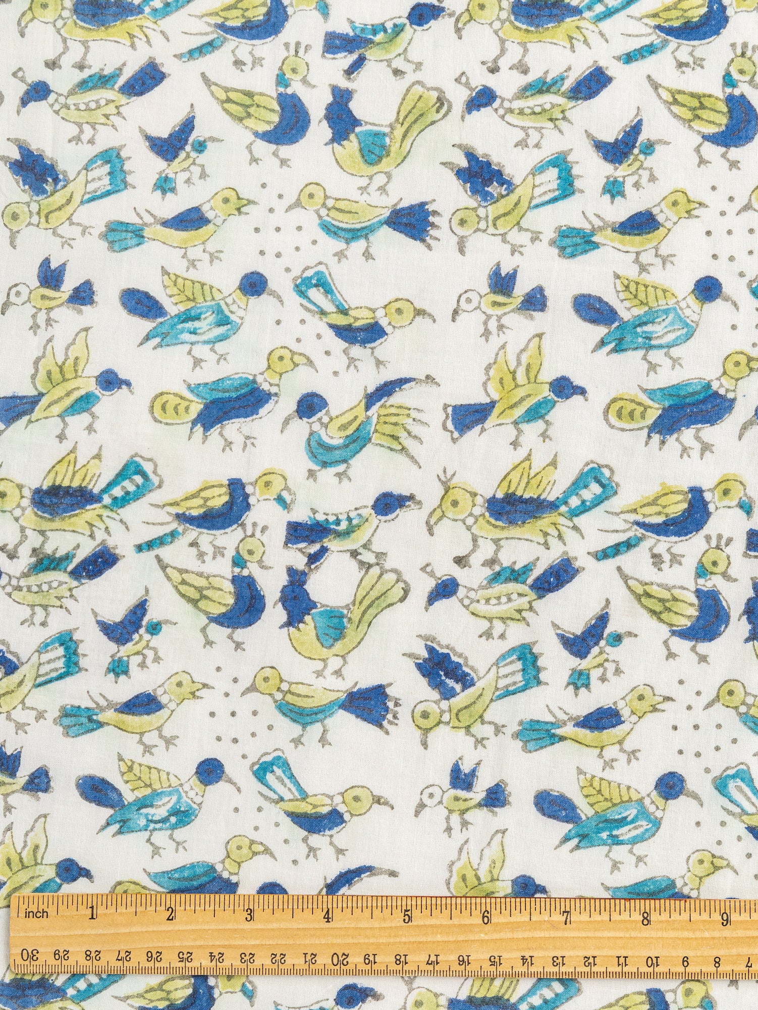 F-COT351-001-Bird-Block-Print-Cotton-Voile-Blue- Green-Off-White-Core-Fabrics-ruler.JPG