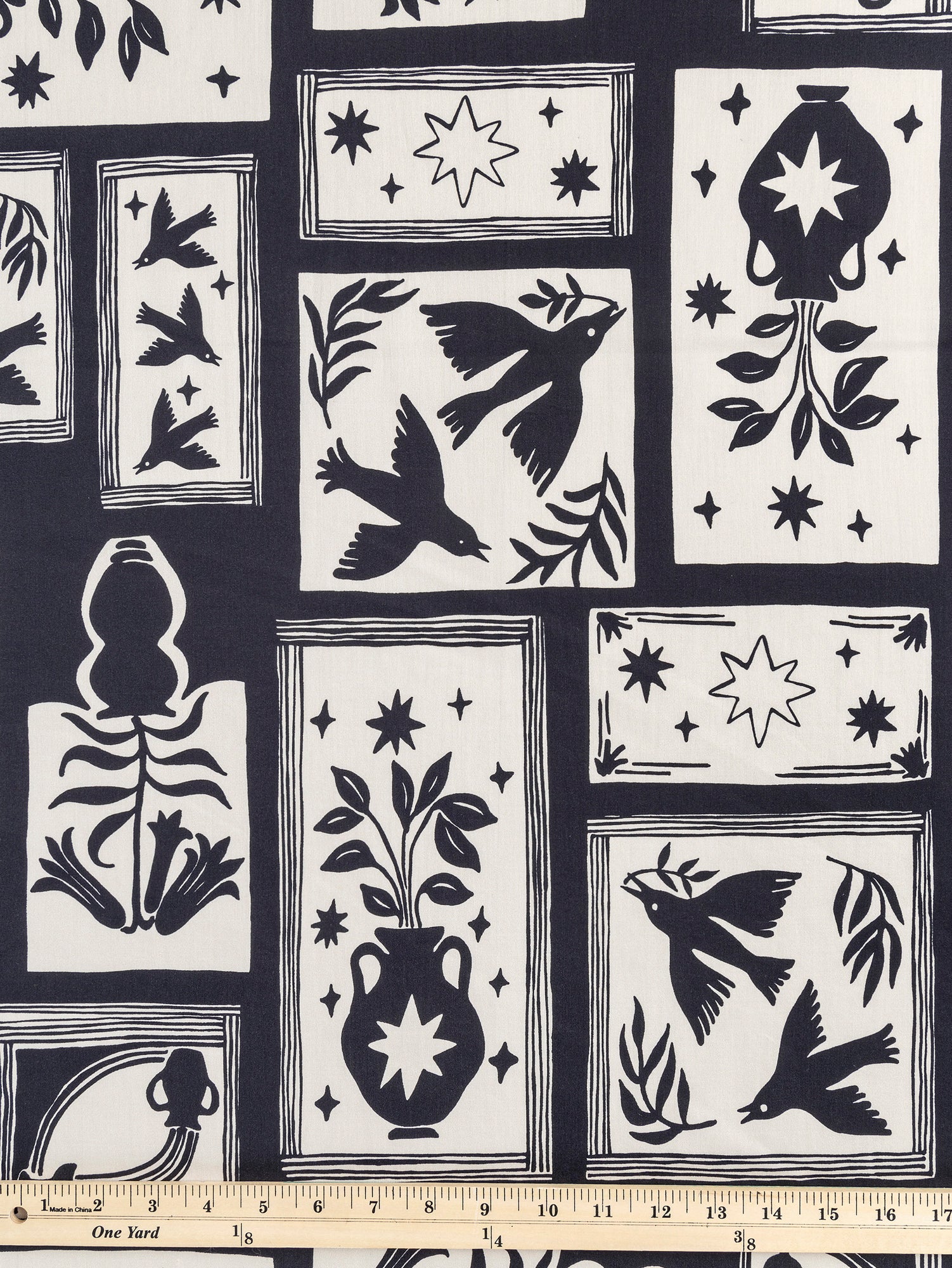 F-COT330-Birds-and-Vases-Gallery-Print-Cotton-Lawn-Black-and-Cream-Core-Fabrics-ruler.JPG