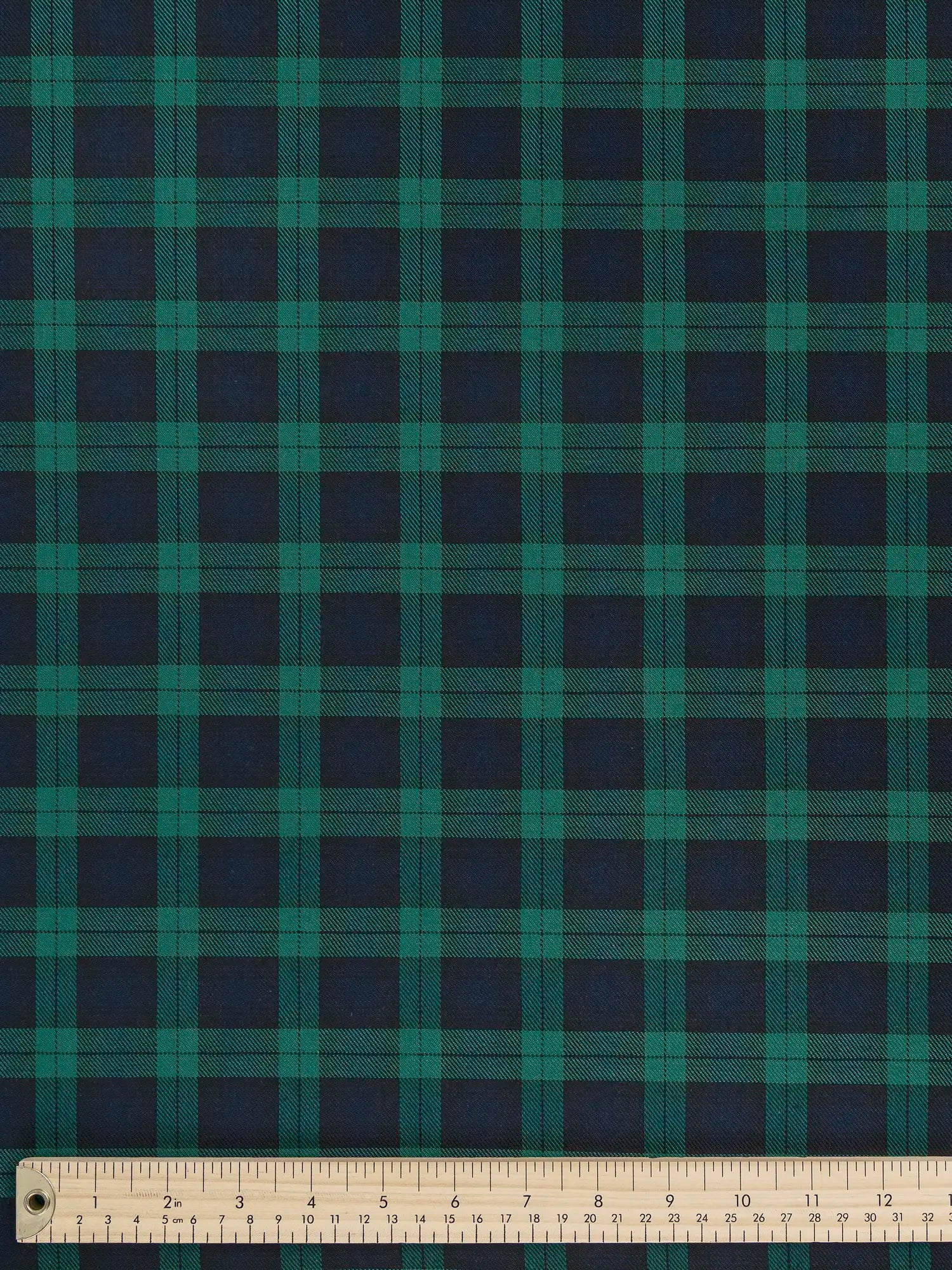 F-COT403-Black-Watch-Tartan-Japanese-Cotton-Twill-Navy-and-Green-Core-Fabrics-ruler.webp