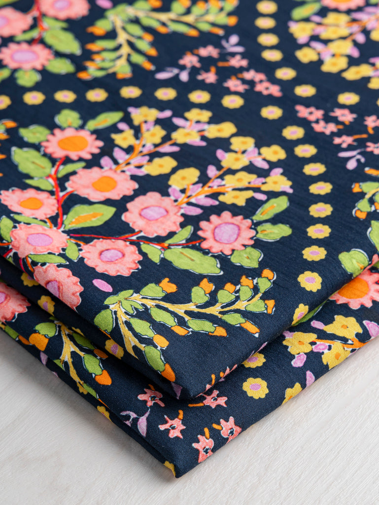 Block Print Floral Cotton Poplin - Navy + Pink + Green + Yellow