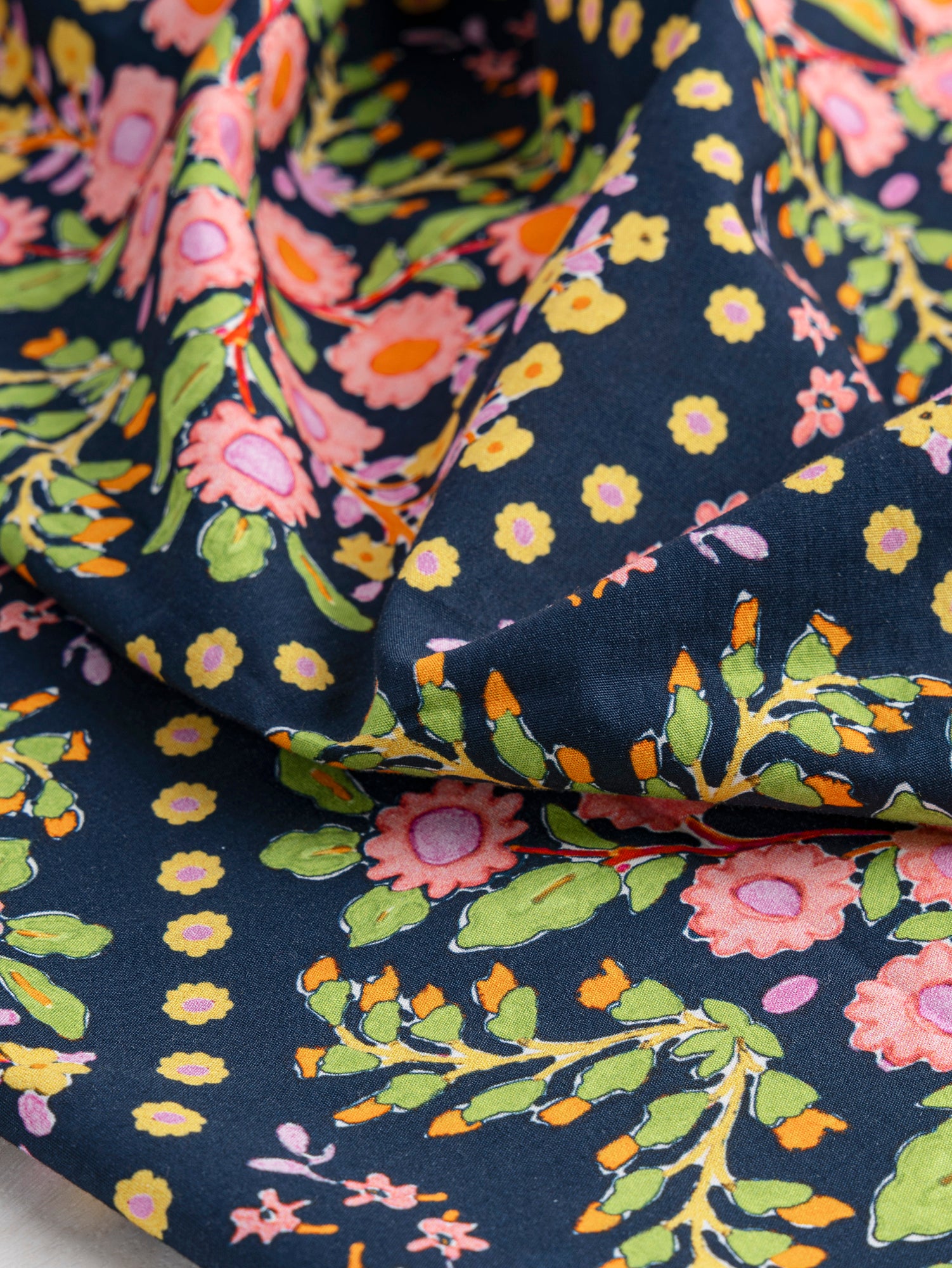 Block Print Floral Cotton Poplin - Navy + Pink + Green + Yellow | Core Fabrics