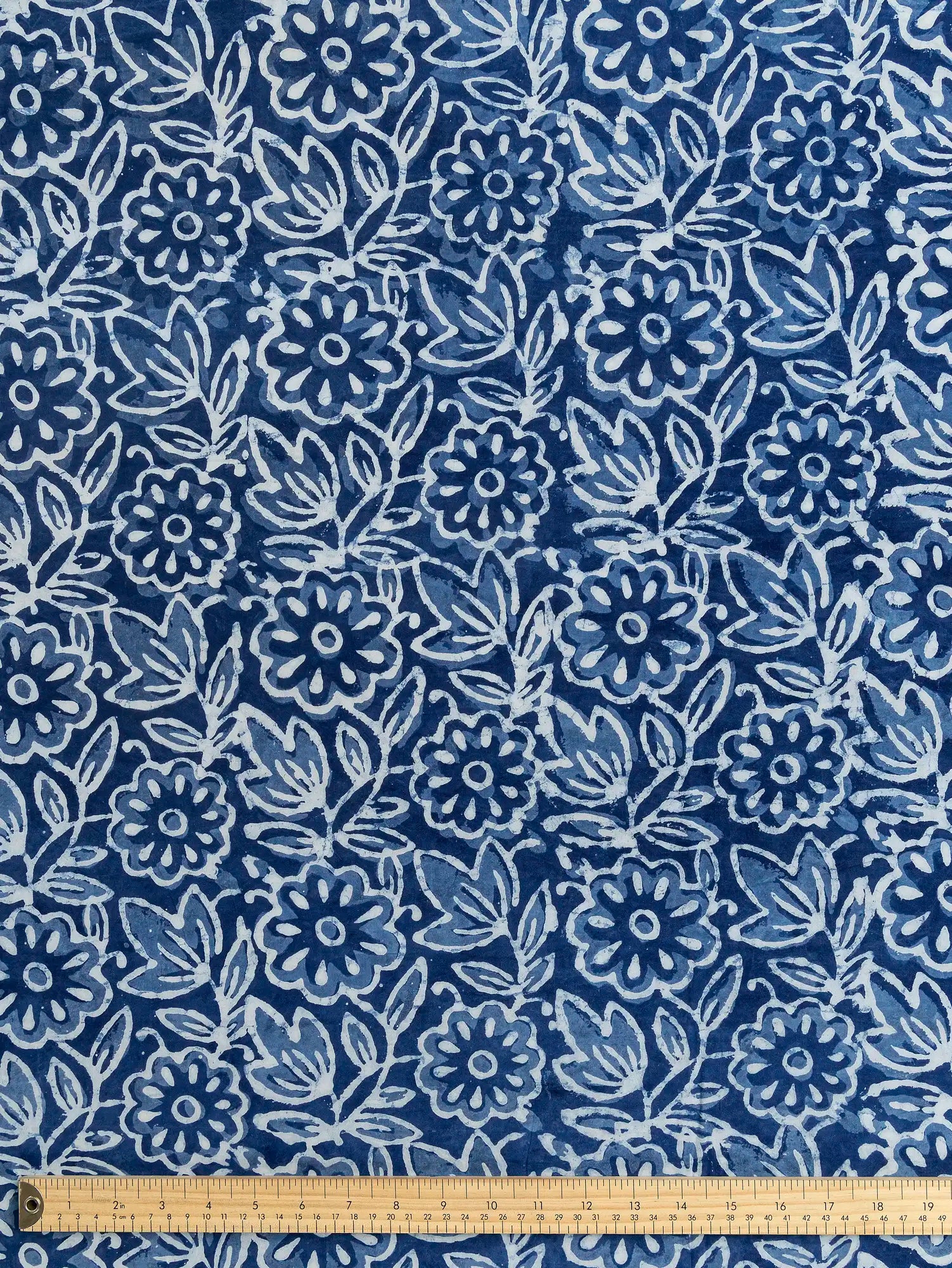 F-COT494-Bloom-Block-Print-Cotton-Poplin-Indigo-and-Chambray-Core-Fabrics-ruler.webp