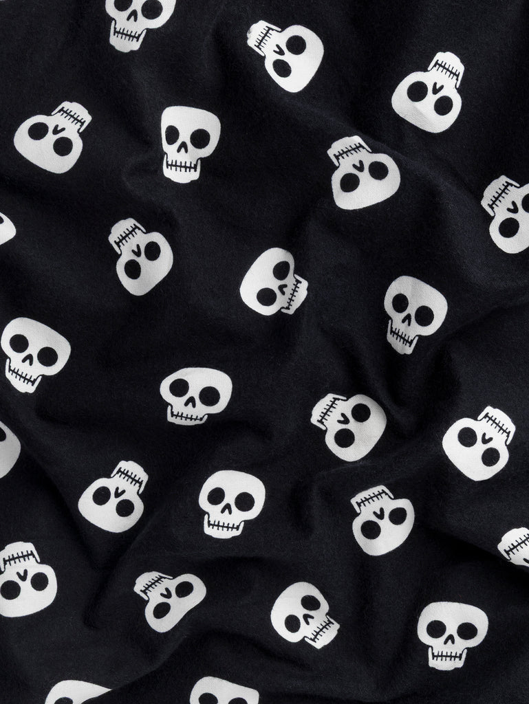 Bone Chillin Skull Print Cotton Flannel Deadstock - Black + White