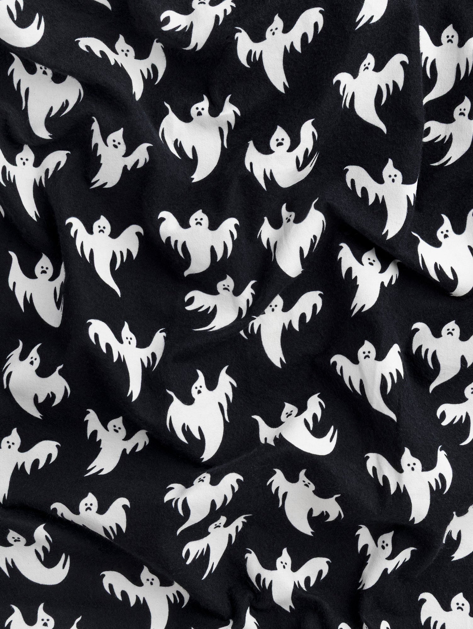 F-COT423 - Bootiful Ghost Print Cotton Flannel Deadstock - Black + White - Core Fabrics- scrunched.JPG