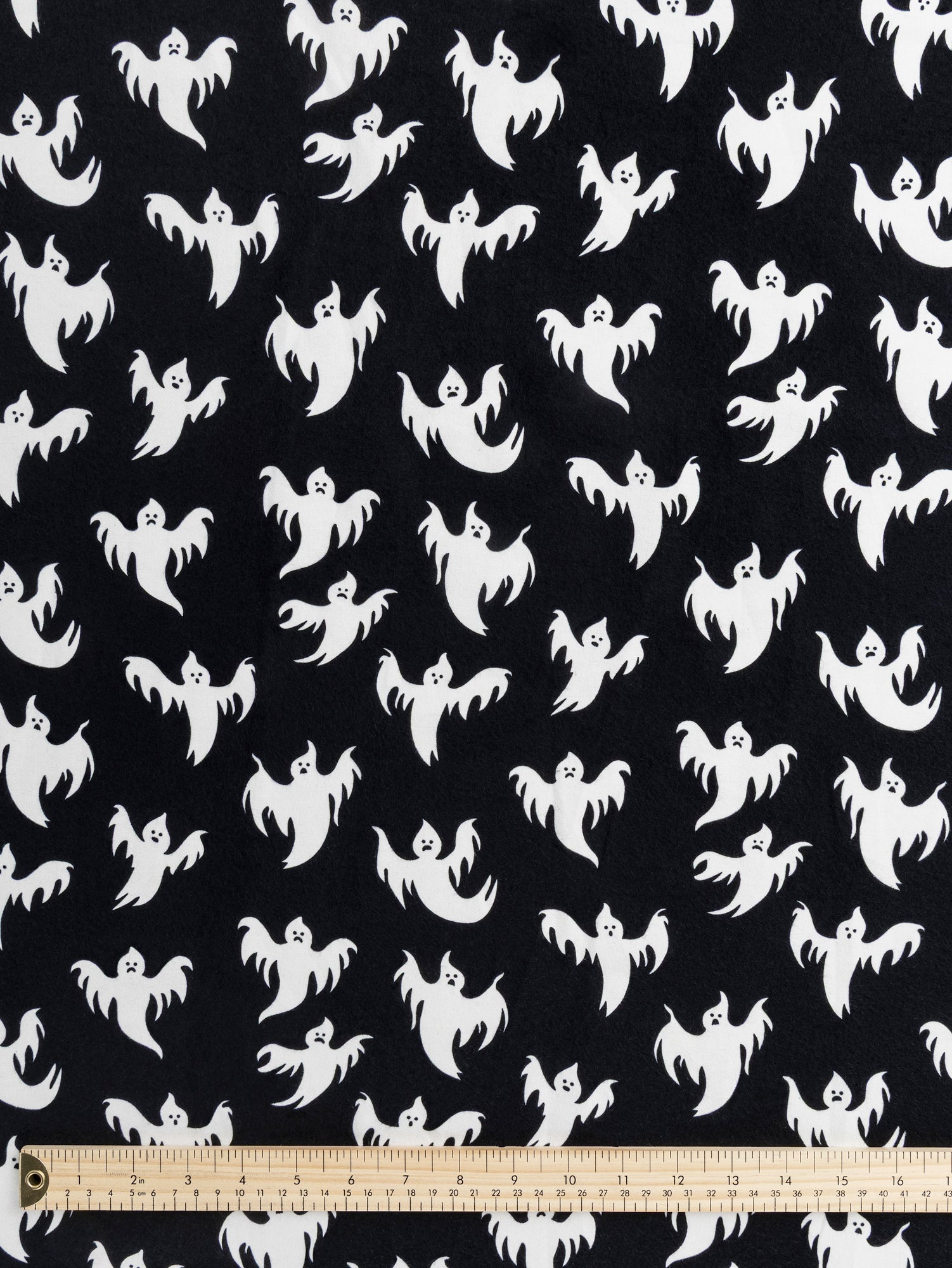 F-COT423 - Bootiful Ghost Print Cotton Flannel Deadstock - Black + White - Core Fabrics- ruler.JPG