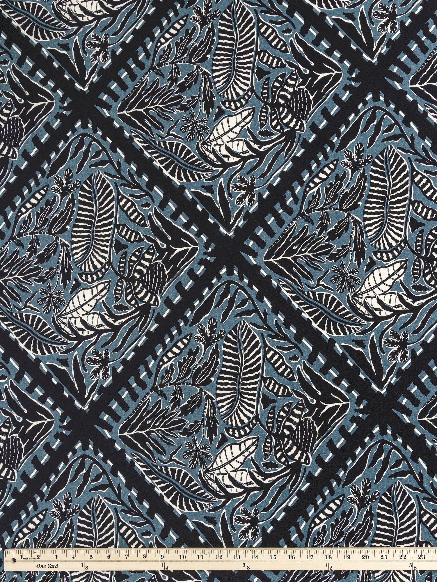 F-VIS238-Botanical-Tile-Print-Ecovero-Viscose-Black-Teal-and-Cream-Core-Fabrics-ruler.JPG