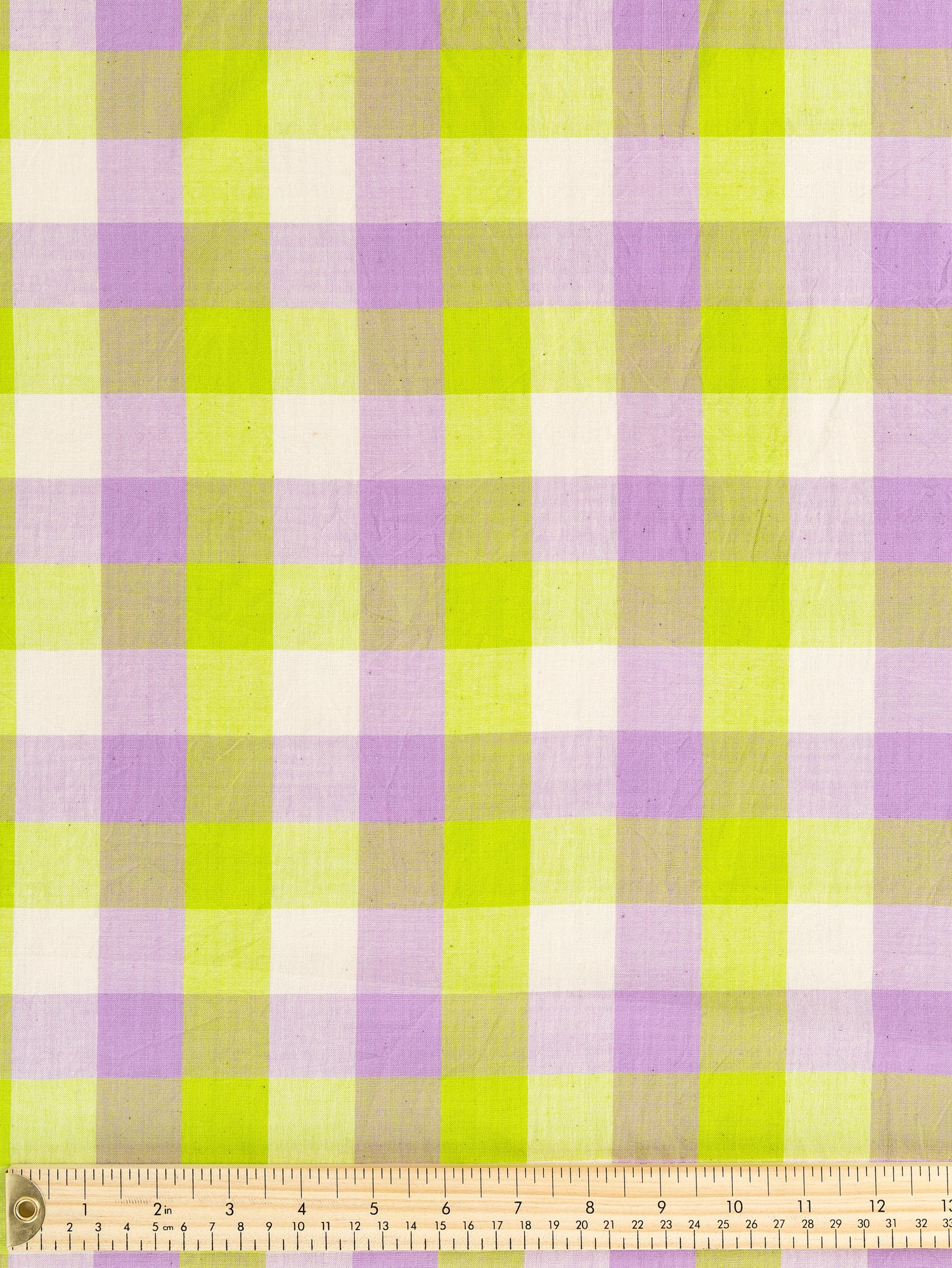 F-COT374-Breezy-Handwoven-Gingham-Cotton-Lime-and-Lavender-Core-Fabrics-ruler.JPG