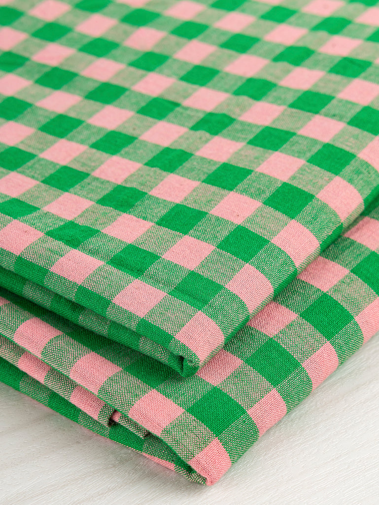 Coton léger vichy tissé à la main – Rose + Vert Kelly