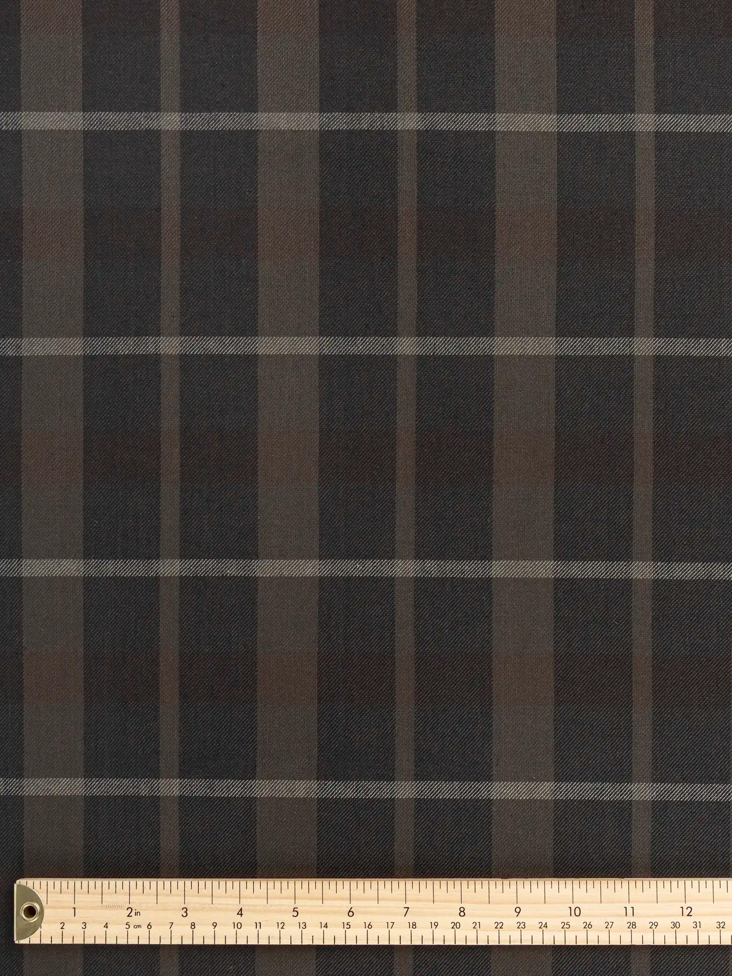 F-COT405-004-Brume-Plaid-Check-Japanese-Cotton-Twill-Charcoal-Khaki-and-Grey-Core-Fabrics-ruler.webp