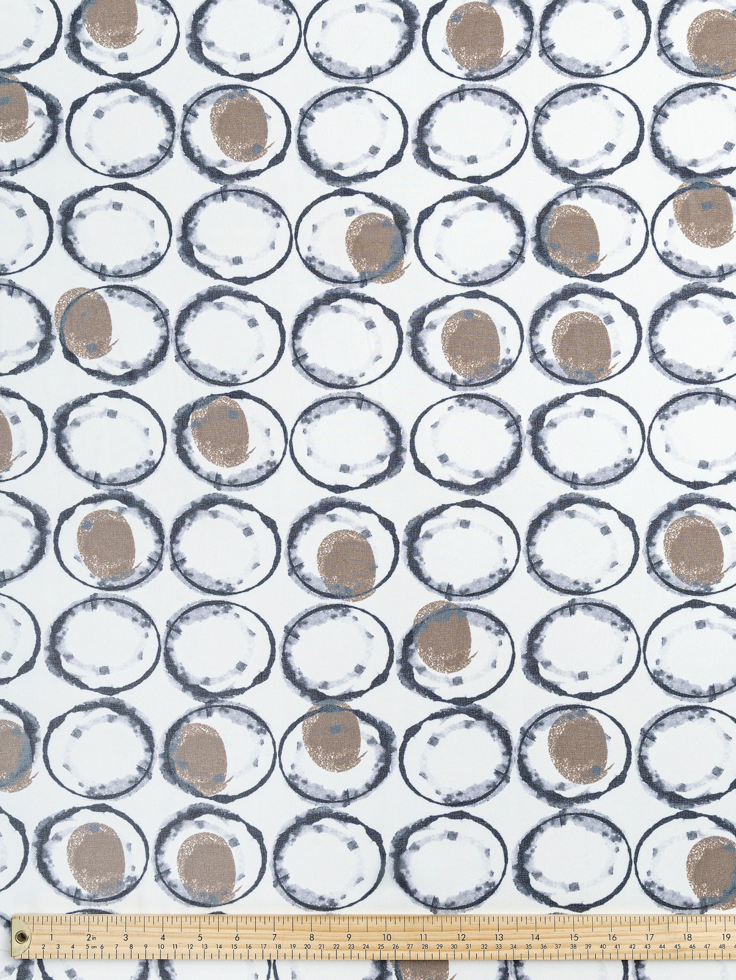 F-DEA071-Bubble-Print-Viscose-Chiffon-Deadstock-Cream+Charcoal+Brown-Core-Fabrics-ruler.JPG
