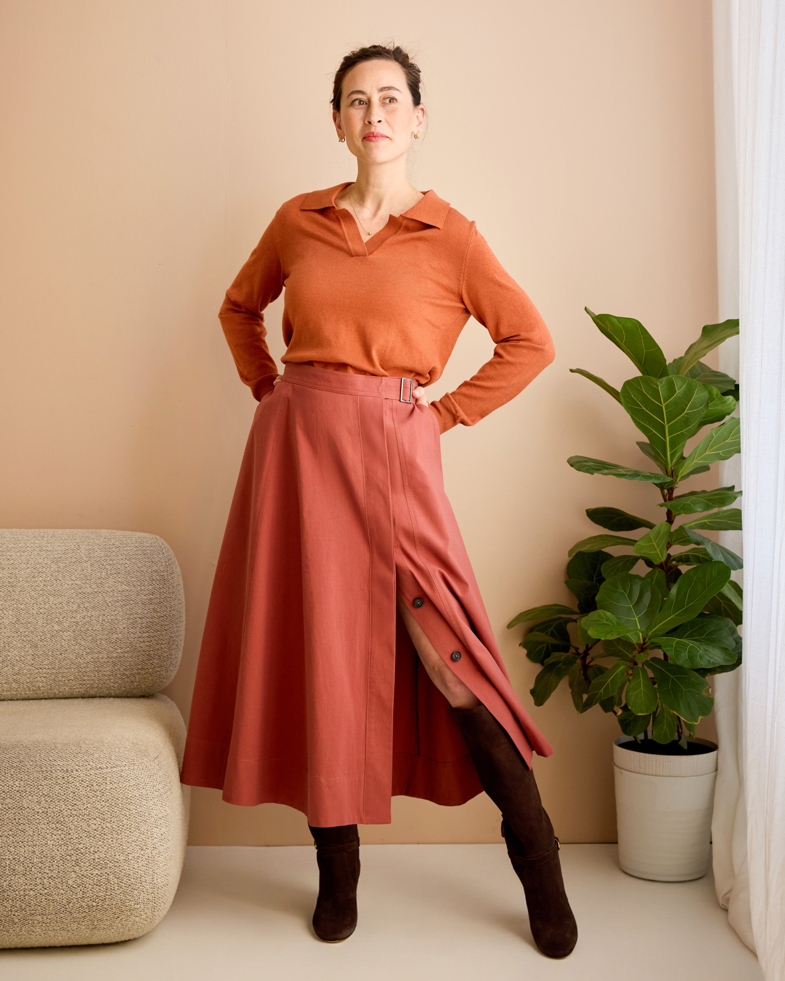 Osgood Skirt Kit -Gingerbread Lightweight Organic Cotton Stretch Twill - model| Core Fabrics