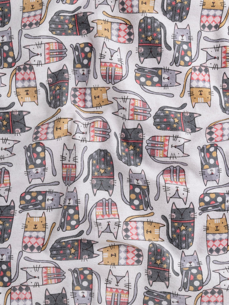 Cat in Sweater Print Cotton Flannel Deadstock - White + Grey + Red