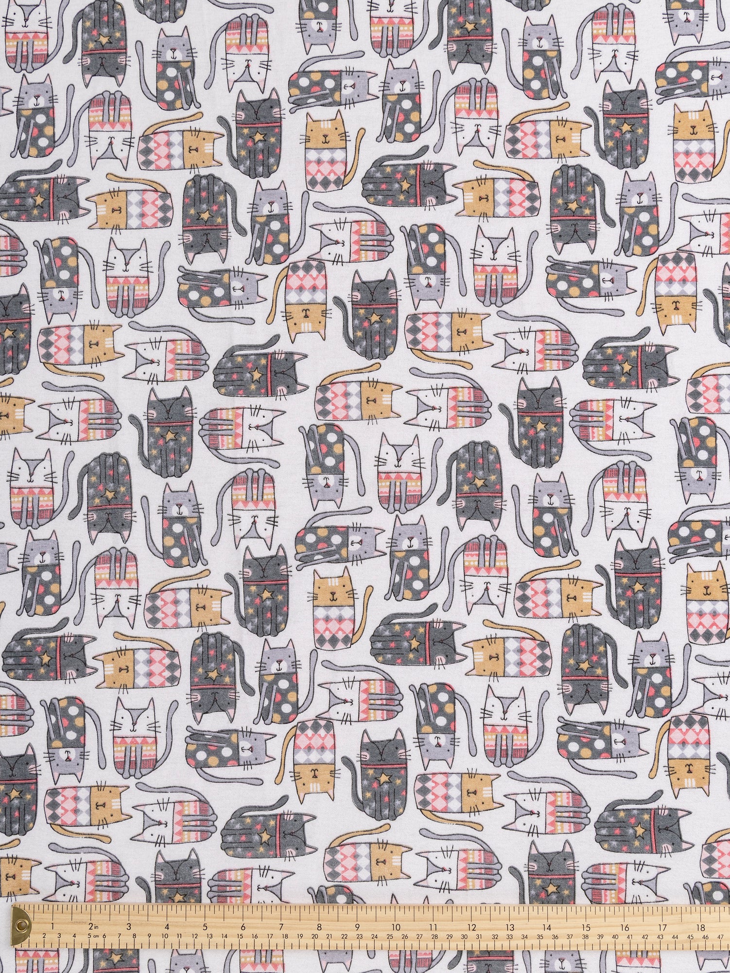 F-COT431-Cat-in-Sweater-Print-Cotton-Flannel-Deadstock-White-Grey-Red-Core-Fabrics-ruler.JPG