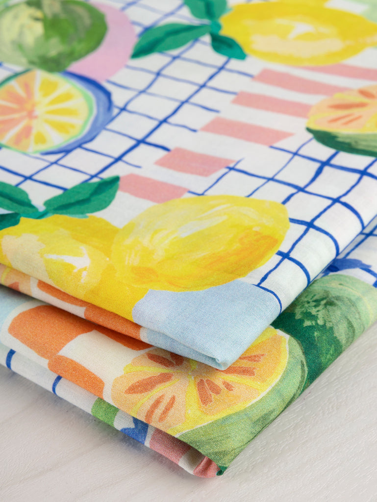 Citrus Picnic Print Cotton Voile - White + Green + Yellow