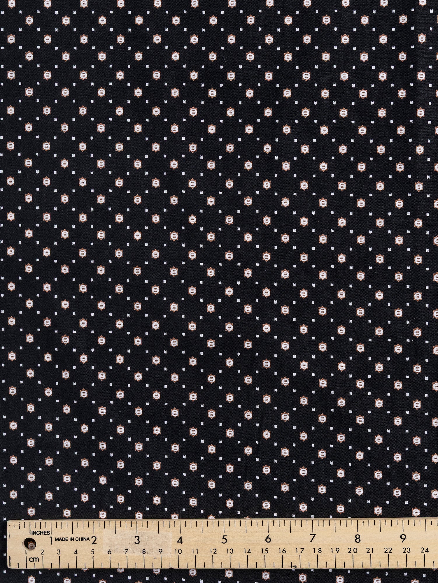 F-DEA034-Ditzy-Circle-Square-Cotton-Shirting-Deadstock-Black-White-Brown-Core-Fabrics-ruler.JPG