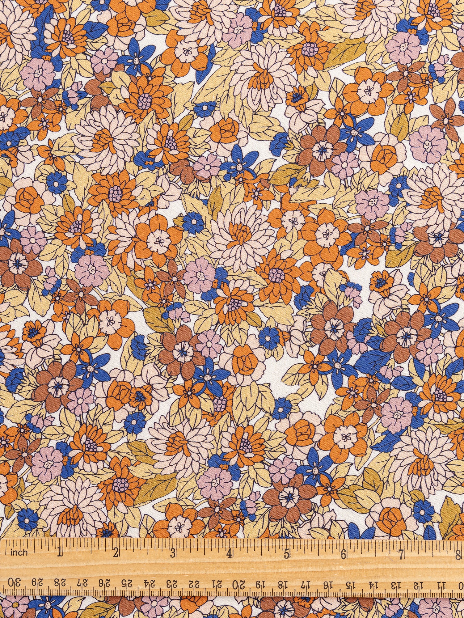 Ditzy Floral Print Cotton Poplin - Cobalt Blue + Orange + Olive