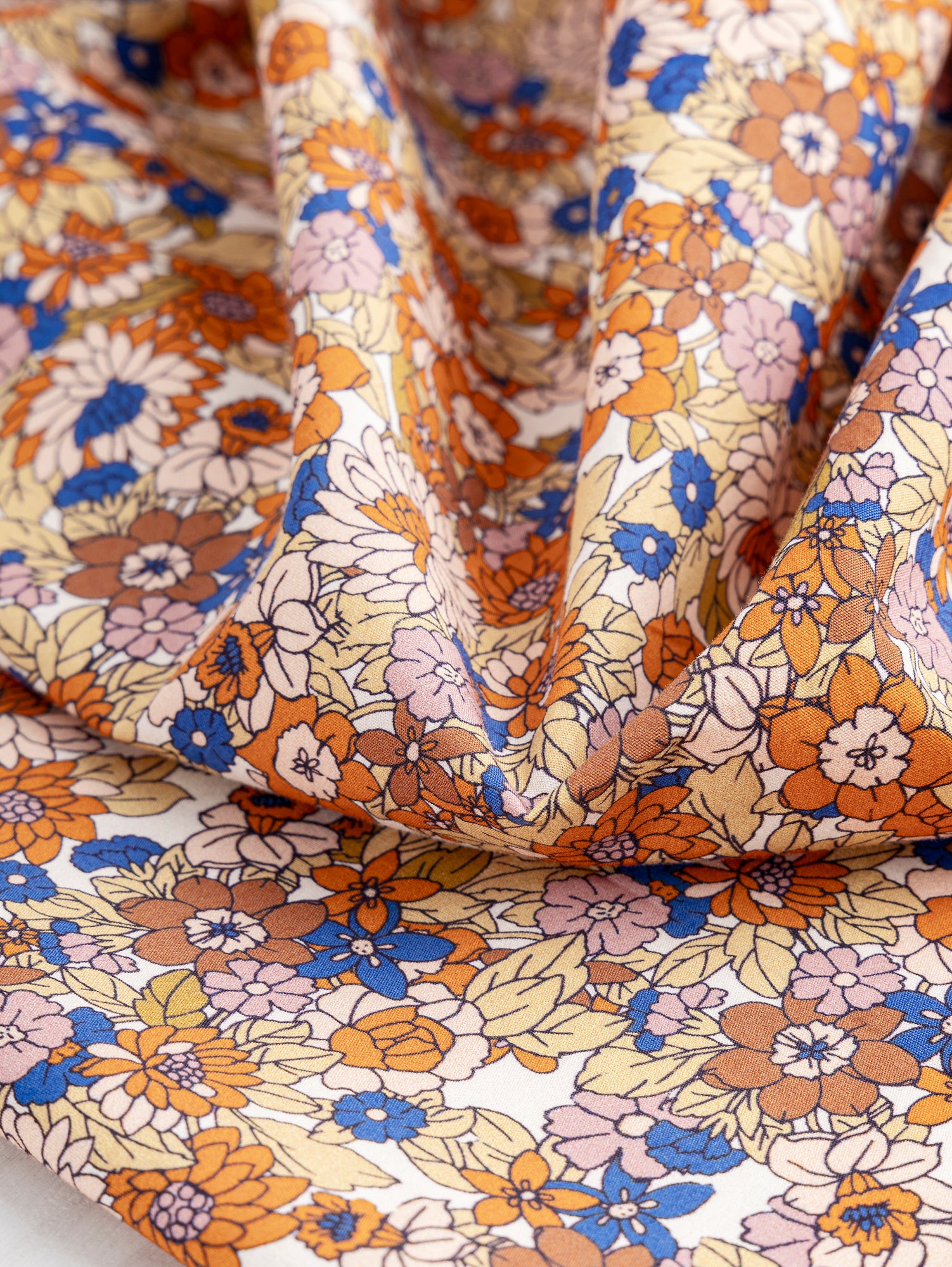 Ditzy Floral Print Cotton Poplin - Cobalt Blue + Orange + Olive