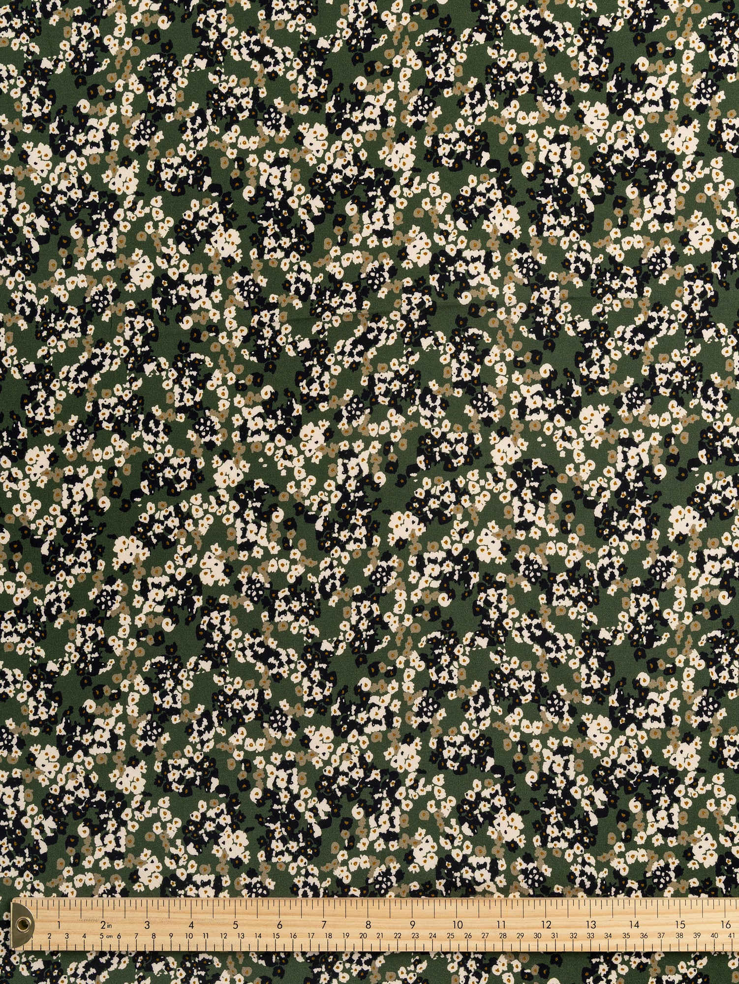 F-VIS262-Ditzy-Flower-Flicks-Print-Ecovero-Viscose-Dark-Olive-Cream-Black-Core-Fabrics-ruler.JPG