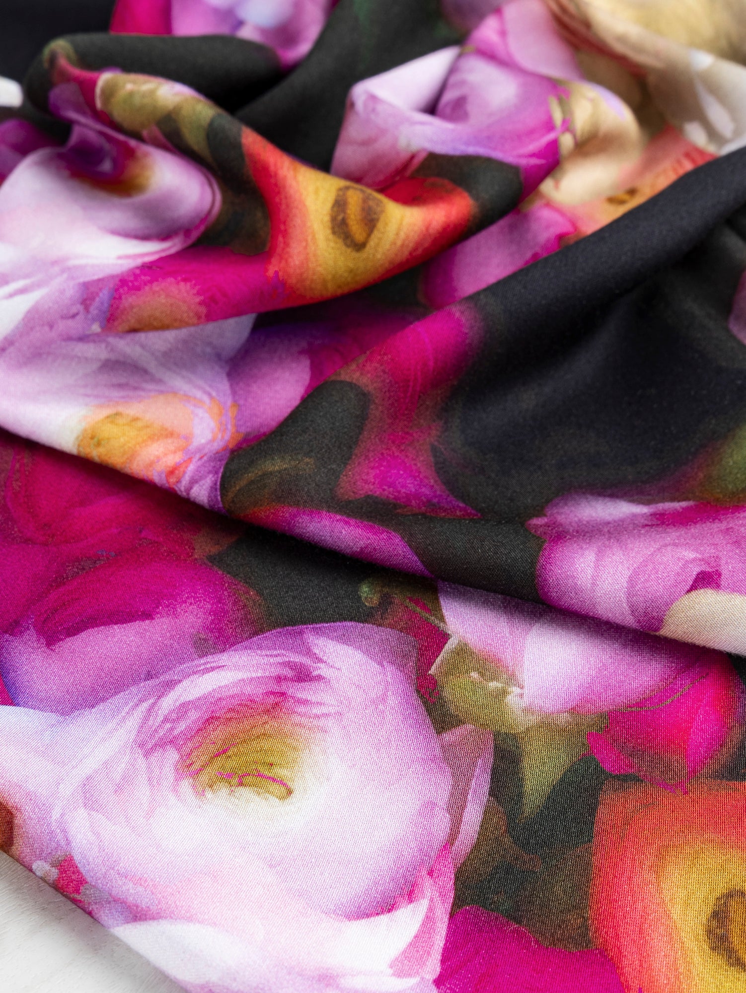 Dreamy Peony Print EcoVero Challis - Dark Green + Rose + Cream | Core Fabrics
