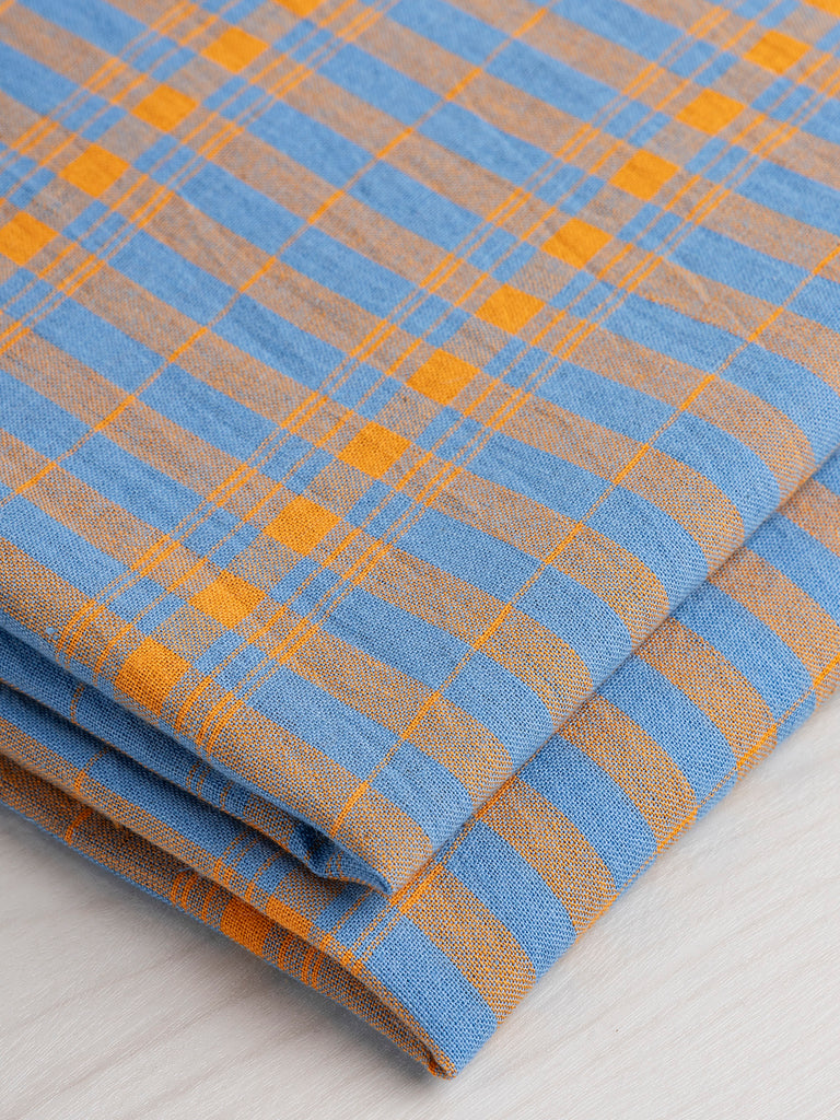 Coton à carreaux contrastés tissés à la main teint en fil - Bleu + Orange