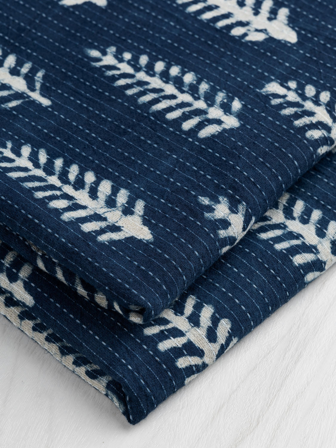 Handloomed Indigo Dyed Cotton Leaf Print - Indigo + Cream | Core Fabrics