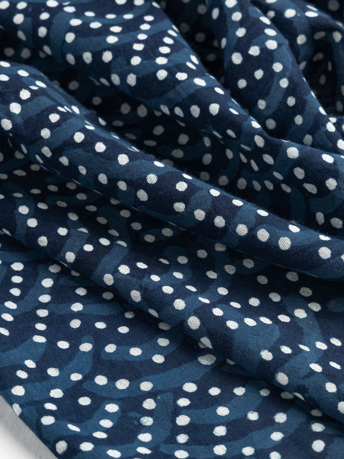 Handloomed Indigo Dyed Cotton Dot and Wave Print - Indigo + Cream | Core Fabrics