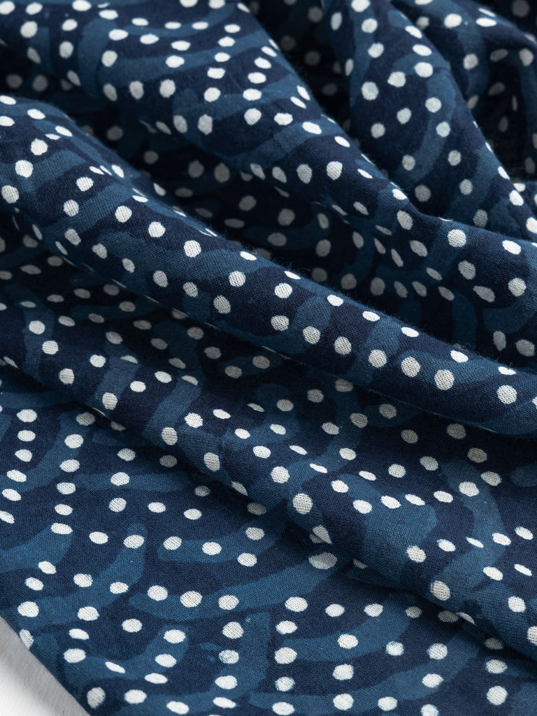 Handloomed Indigo Dyed Cotton Dot and Wave Print - Indigo + Cream