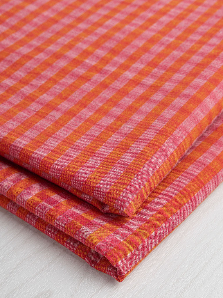 Yarn Dyed Handwoven Small Check Cotton - Orange + Pink