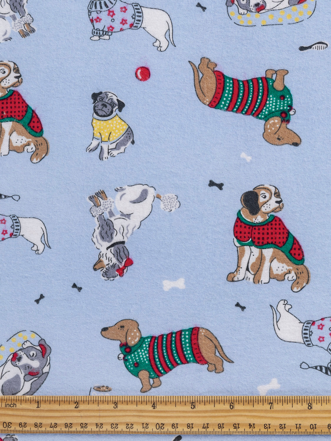 Illustrated Dog Cotton Flannel Deadstock - Red + Green + Blue | Core Fabrics