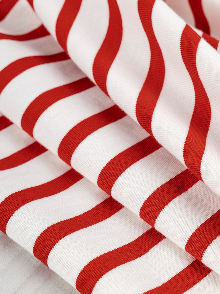Tricot de jersey en coton biologique à rayures bretonnes - Crème + Rouge