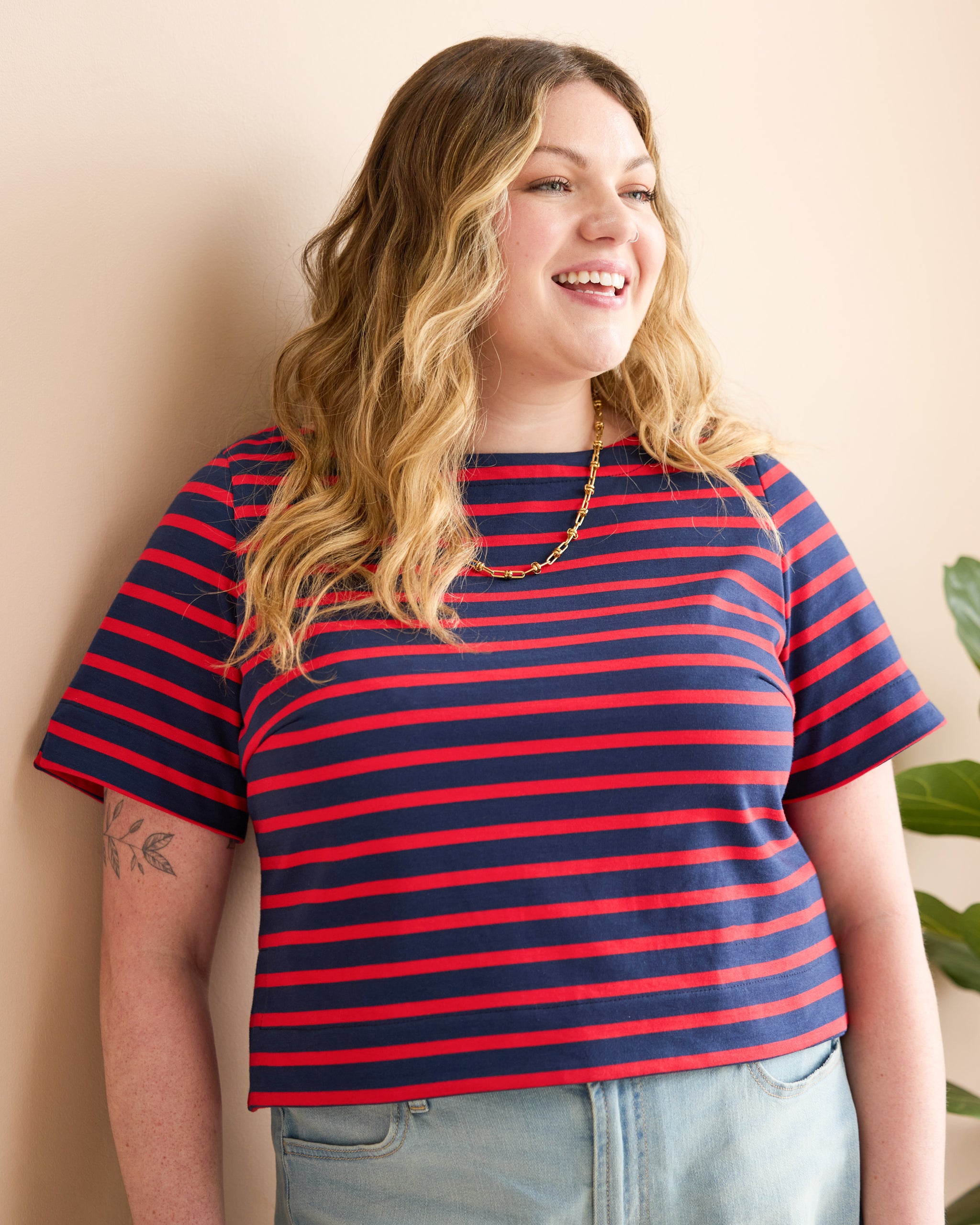 F-COT241-009-Breton-Stripe-Organic-Cotton-Jersey-Knit-Blue-and-Red-Core-Fabrics-model