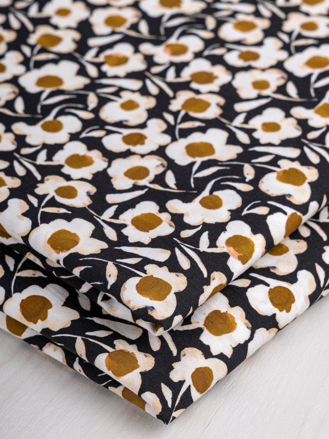 Illustrated Daisy Print Cotton Poplin - Black + White + Ochre | Core Fabrics