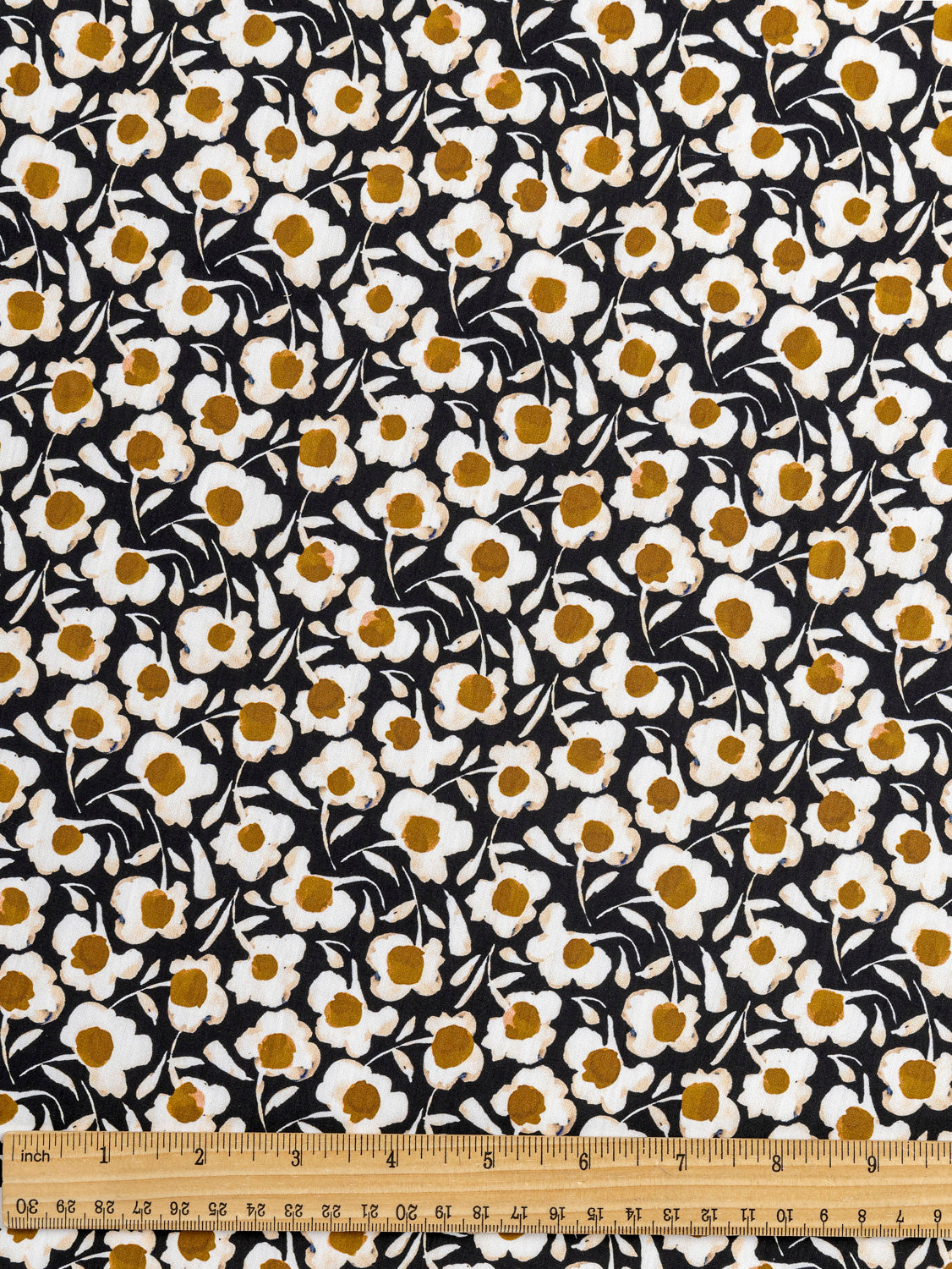 Illustrated Daisy Print Cotton Poplin - Black + White + Ochre | Core Fabrics