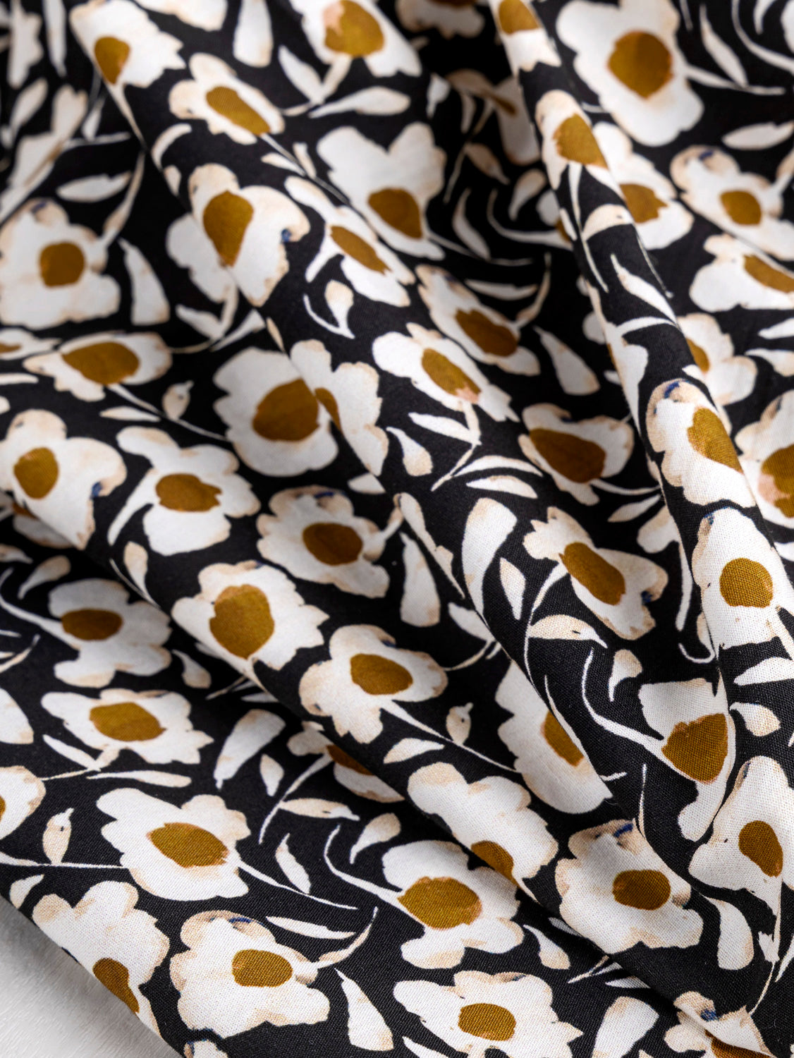 Illustrated Daisy Print Cotton Poplin - Black + White + Ochre | Core Fabrics