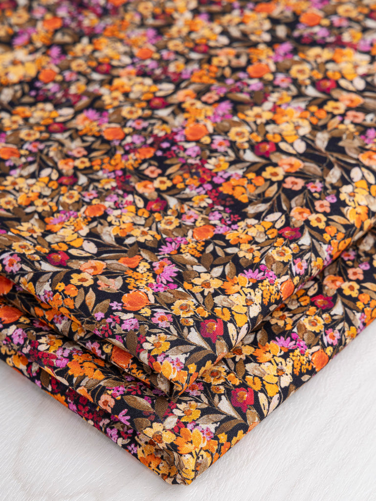 Ditzy Floral Meadow Print Cotton Poplin - Black + Yellow + Pink + Olive