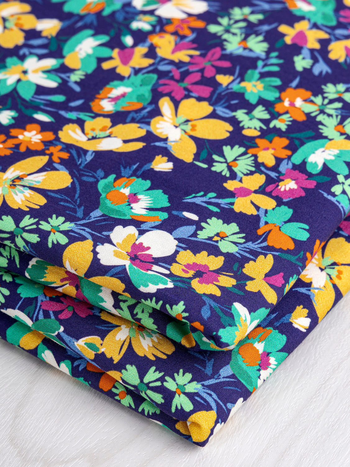 Blooming Floral Print Cotton Poplin - Navy + Magenta + Emerald + Yellow | Core Fabrics