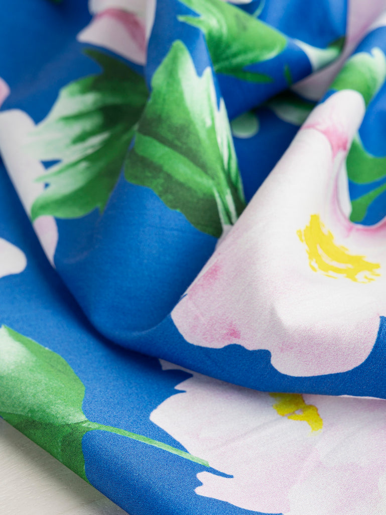 Voile de coton à imprimé large Magnolia - Bleu + Rose + Vert