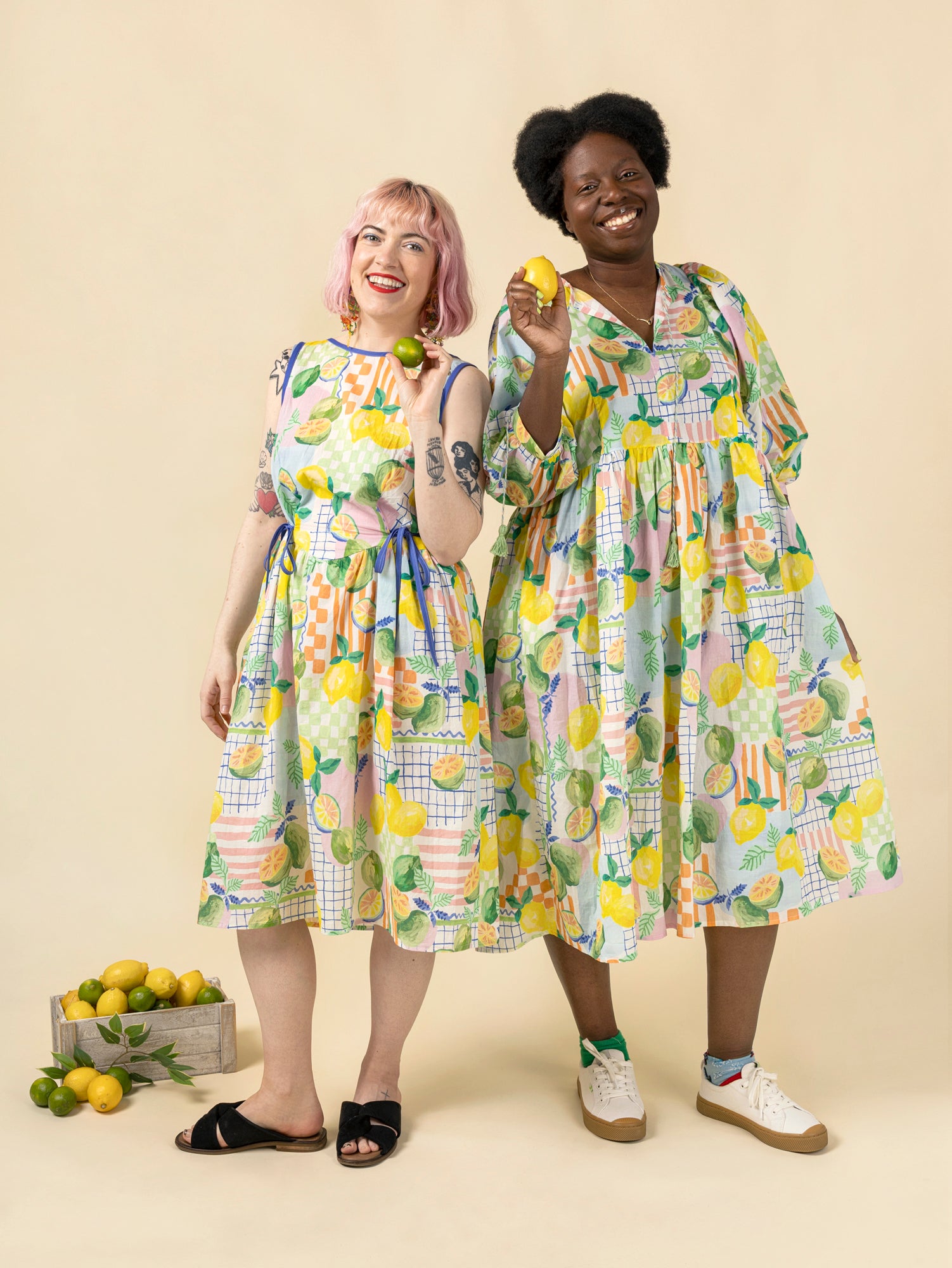 Citrus Picnic Print Cotton Voile - White + Green + Yellow | Core Fabrics