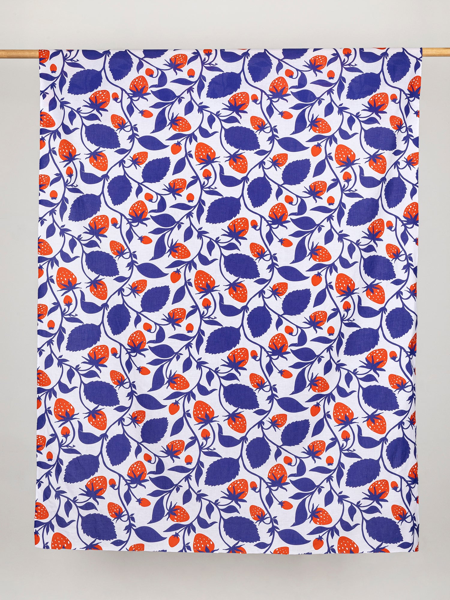 Colourful strawberries print on organic cotton linen at Core Fabrics