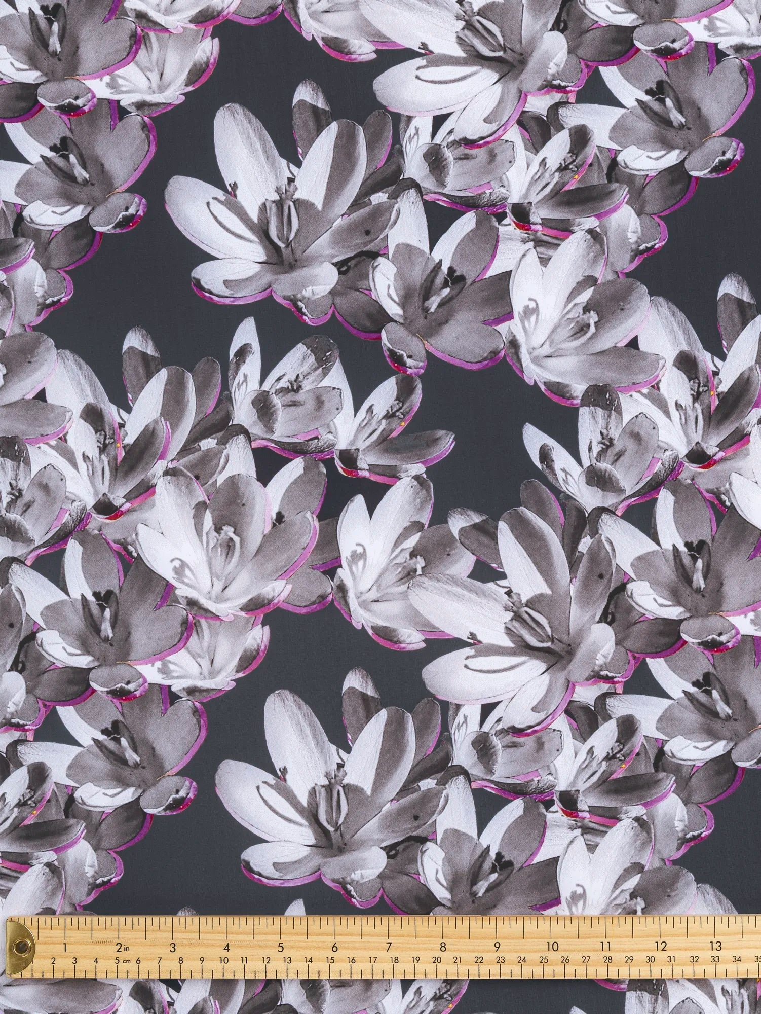 F-DEA134-Magnolia-Print-Recycled-Nylon-Knit-Deadstock-Grey-and-Pink-Core-Fabrics-rulerJPG