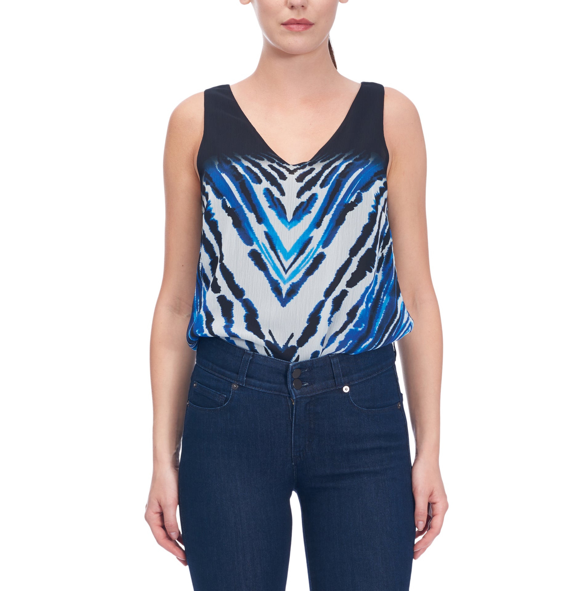 Chiffon semi-transparent à imprimé abstrait par panneaux fin de rouleau – Bleu + Noir + Ivoire